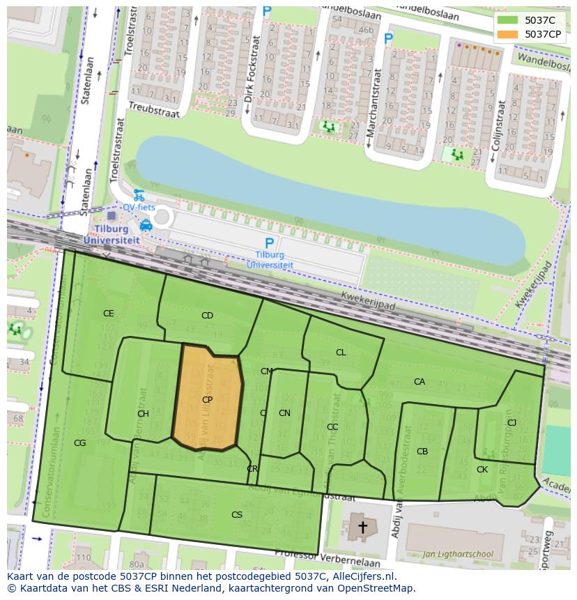Afbeelding van het postcodegebied 5037 CP op de kaart.