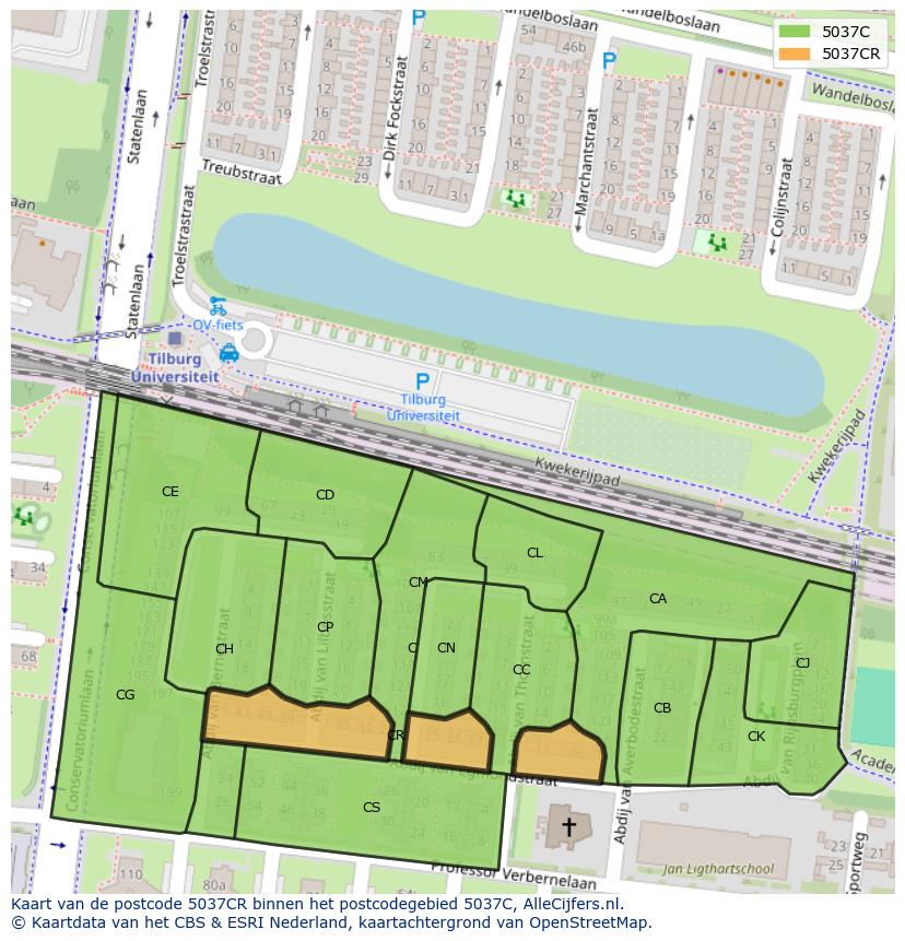 Afbeelding van het postcodegebied 5037 CR op de kaart.