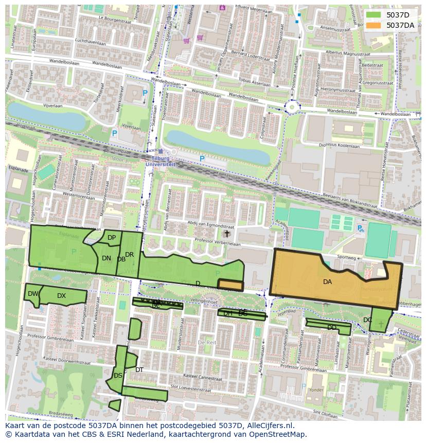 Afbeelding van het postcodegebied 5037 DA op de kaart.