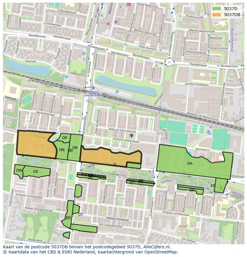 Afbeelding van het postcodegebied 5037 DB op de kaart.