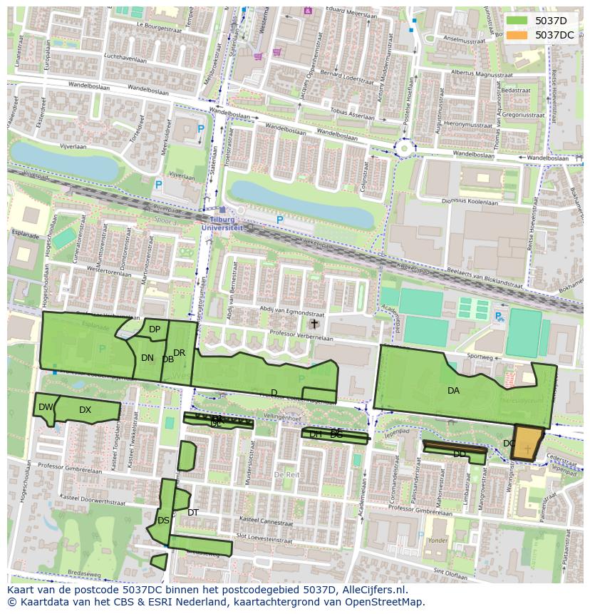 Afbeelding van het postcodegebied 5037 DC op de kaart.