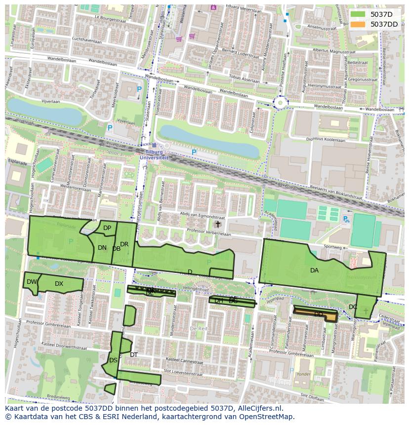 Afbeelding van het postcodegebied 5037 DD op de kaart.