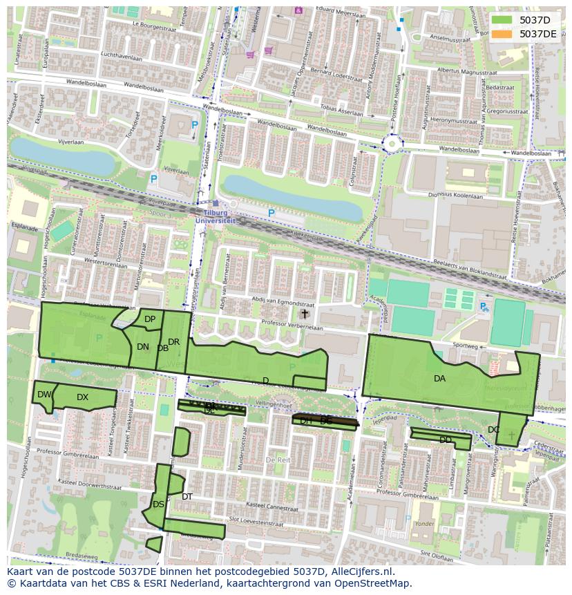 Afbeelding van het postcodegebied 5037 DE op de kaart.