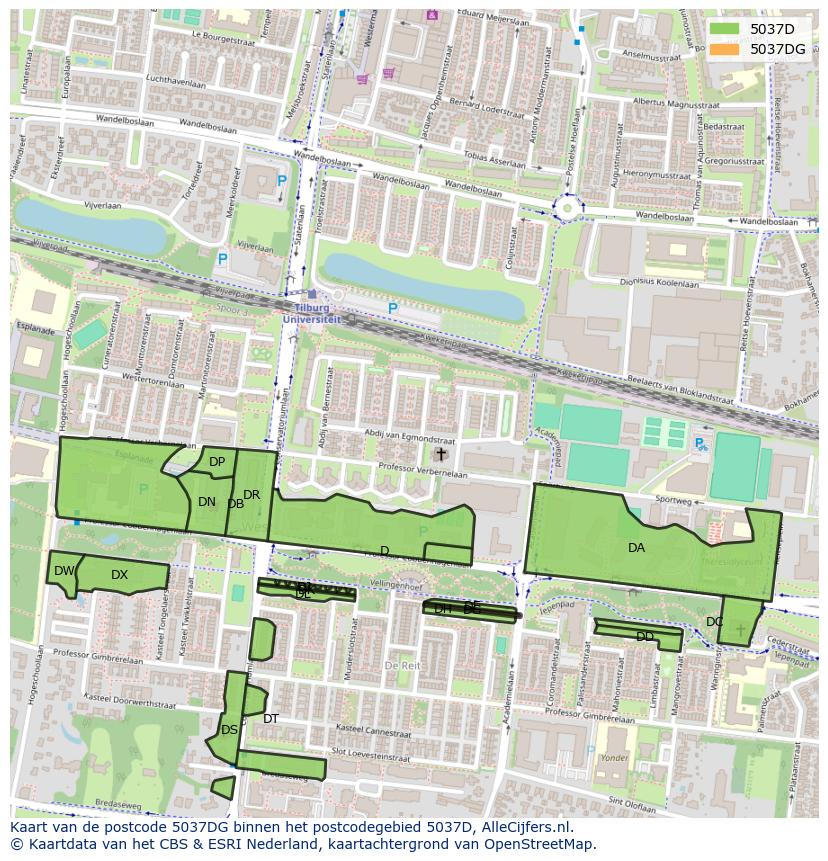 Afbeelding van het postcodegebied 5037 DG op de kaart.