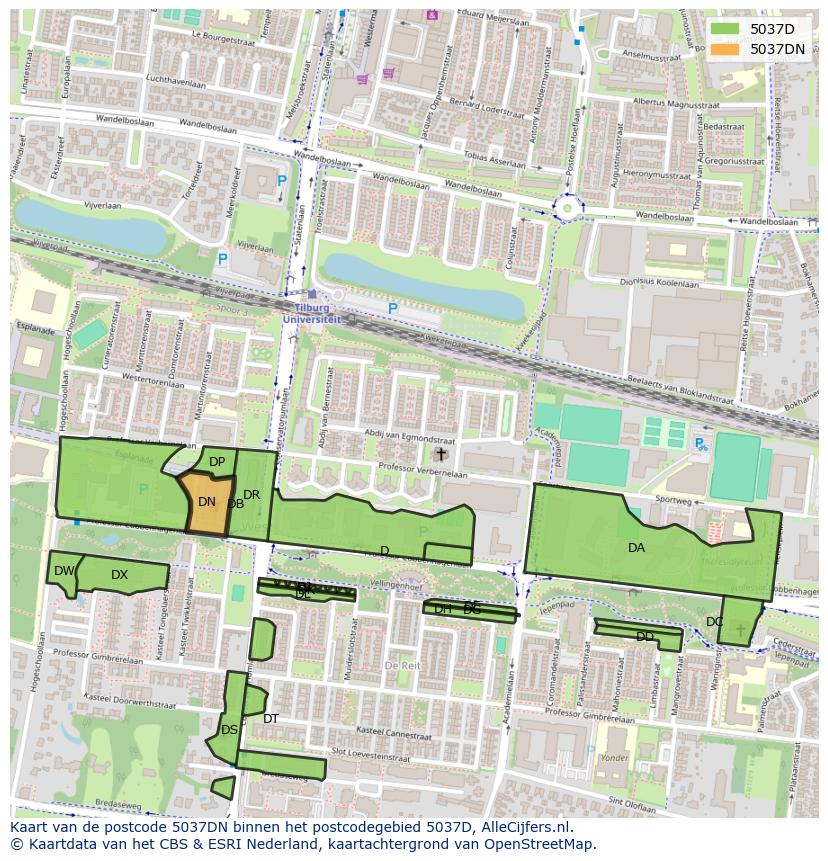 Afbeelding van het postcodegebied 5037 DN op de kaart.