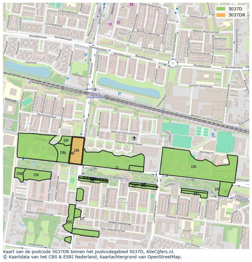Afbeelding van het postcodegebied 5037 DR op de kaart.