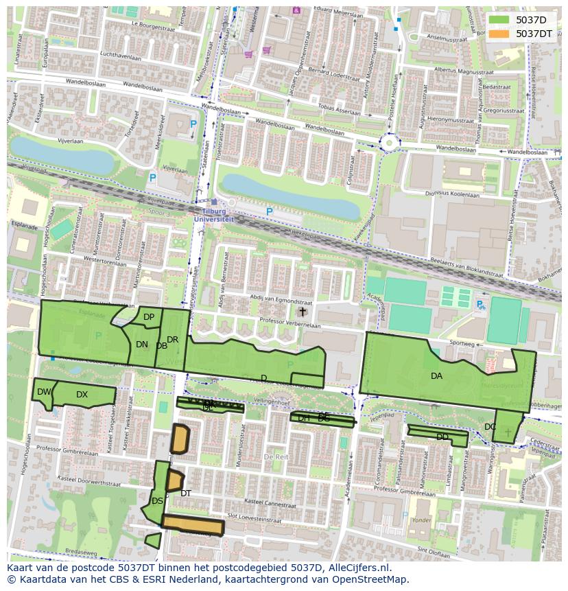 Afbeelding van het postcodegebied 5037 DT op de kaart.