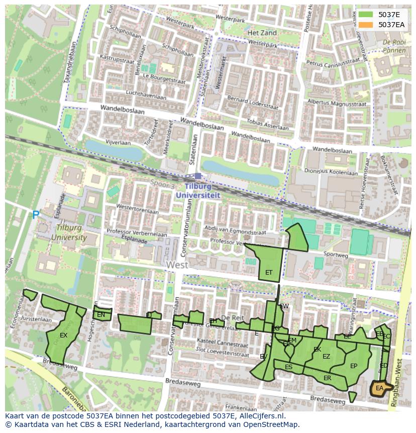 Afbeelding van het postcodegebied 5037 EA op de kaart.