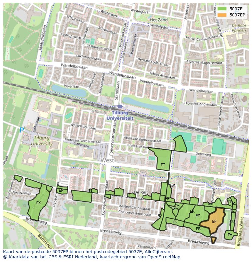 Afbeelding van het postcodegebied 5037 EP op de kaart.