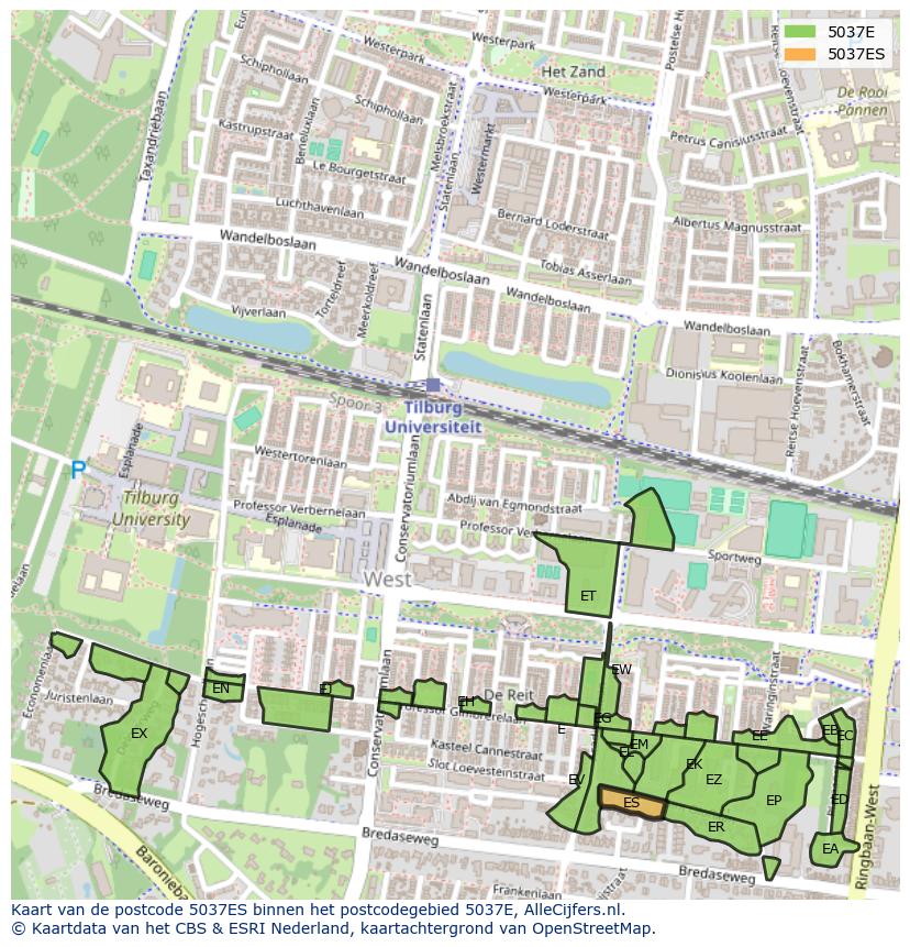 Afbeelding van het postcodegebied 5037 ES op de kaart.