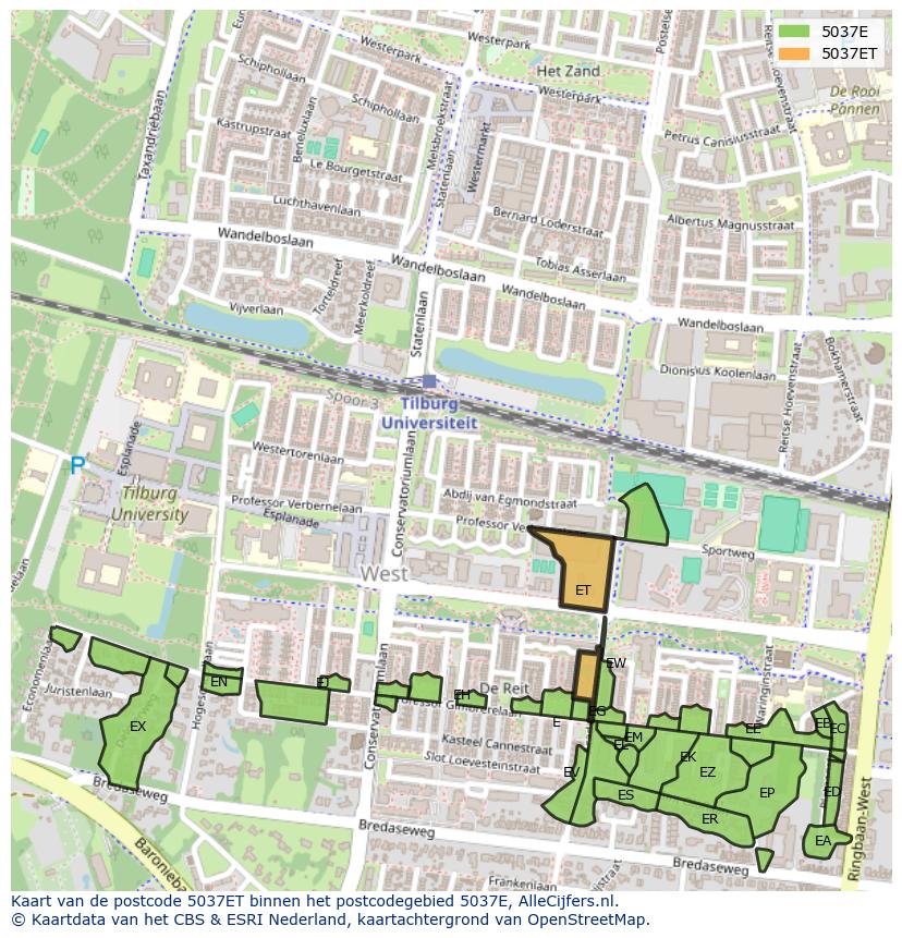 Afbeelding van het postcodegebied 5037 ET op de kaart.