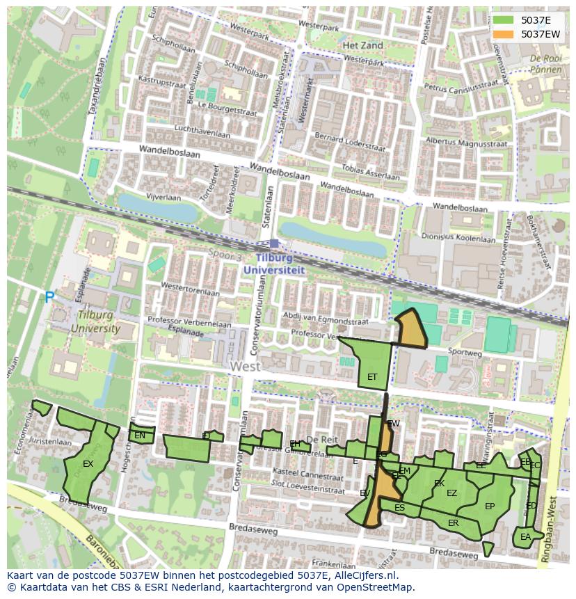 Afbeelding van het postcodegebied 5037 EW op de kaart.