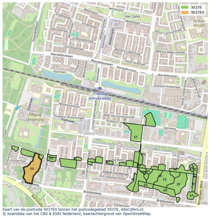 Afbeelding van het postcodegebied 5037 EX op de kaart.