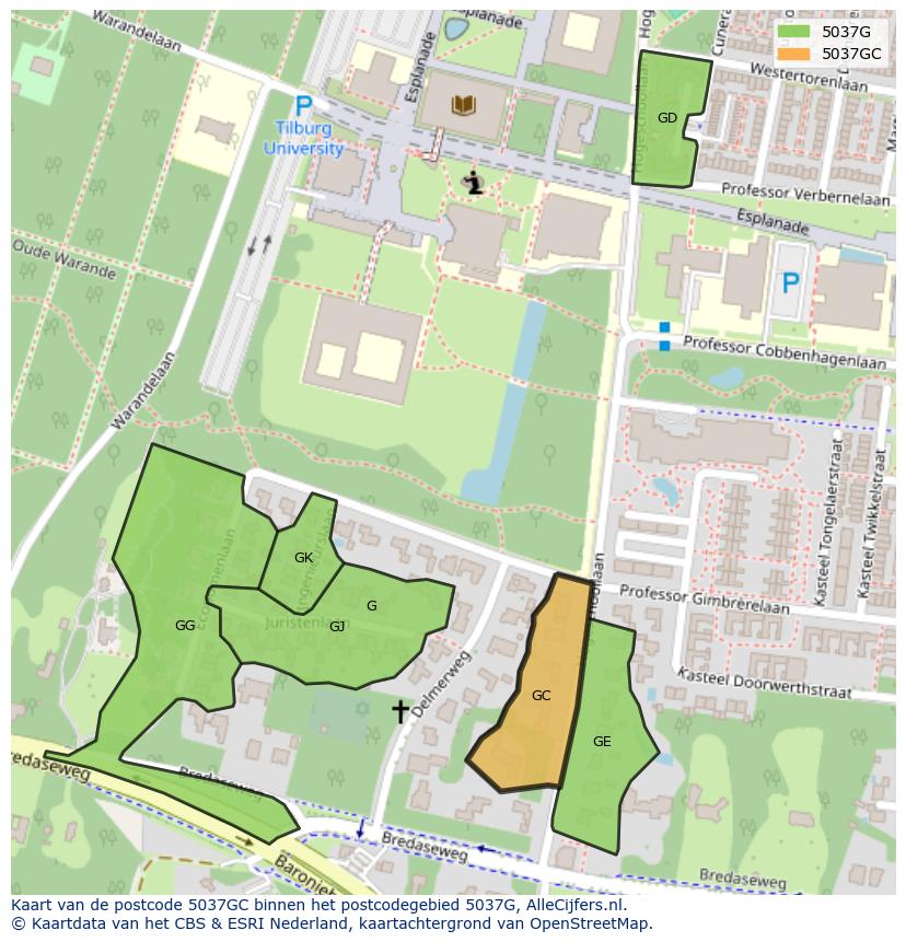 Afbeelding van het postcodegebied 5037 GC op de kaart.