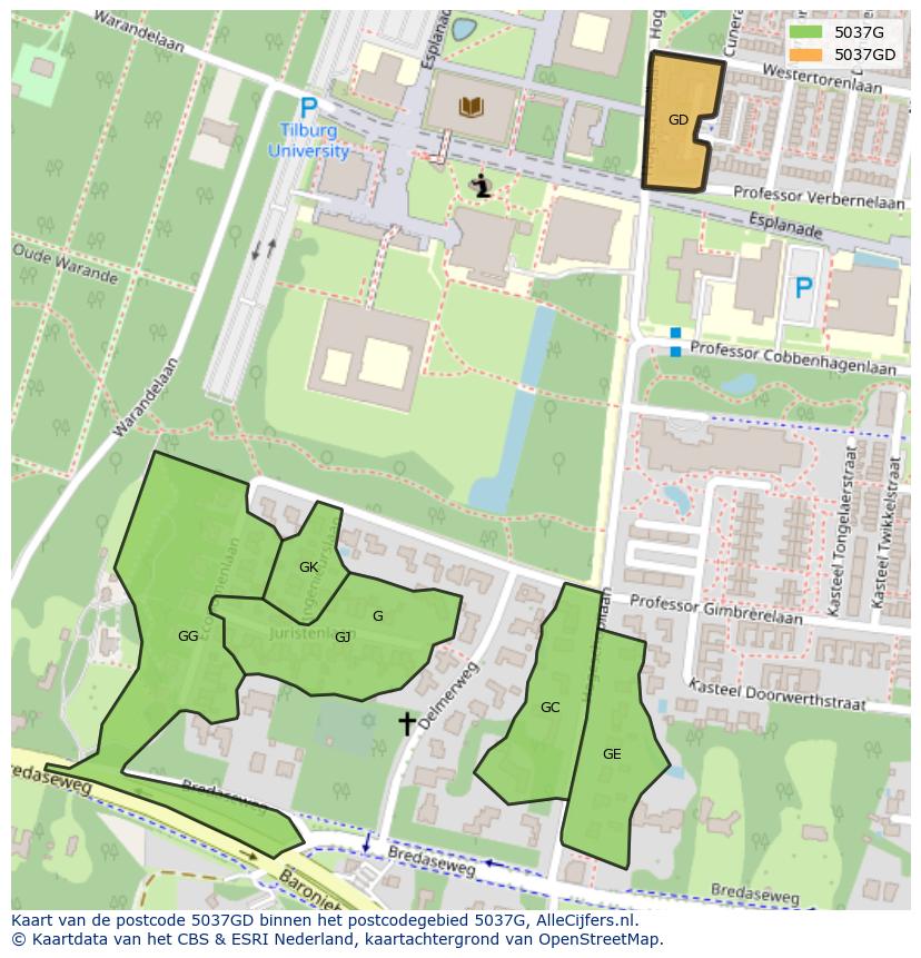 Afbeelding van het postcodegebied 5037 GD op de kaart.