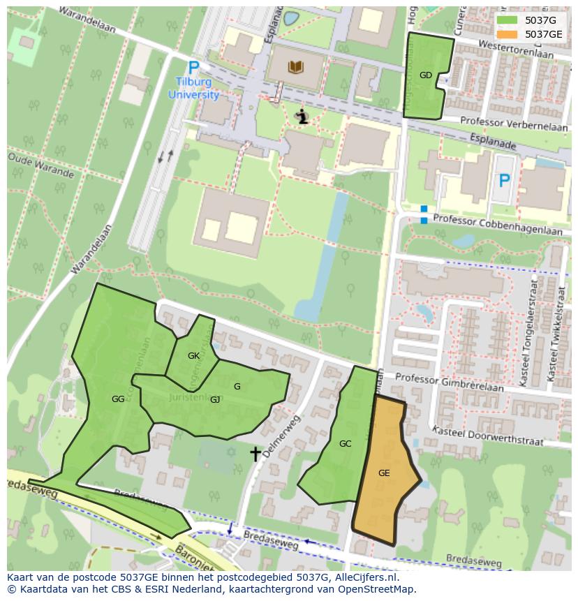 Afbeelding van het postcodegebied 5037 GE op de kaart.