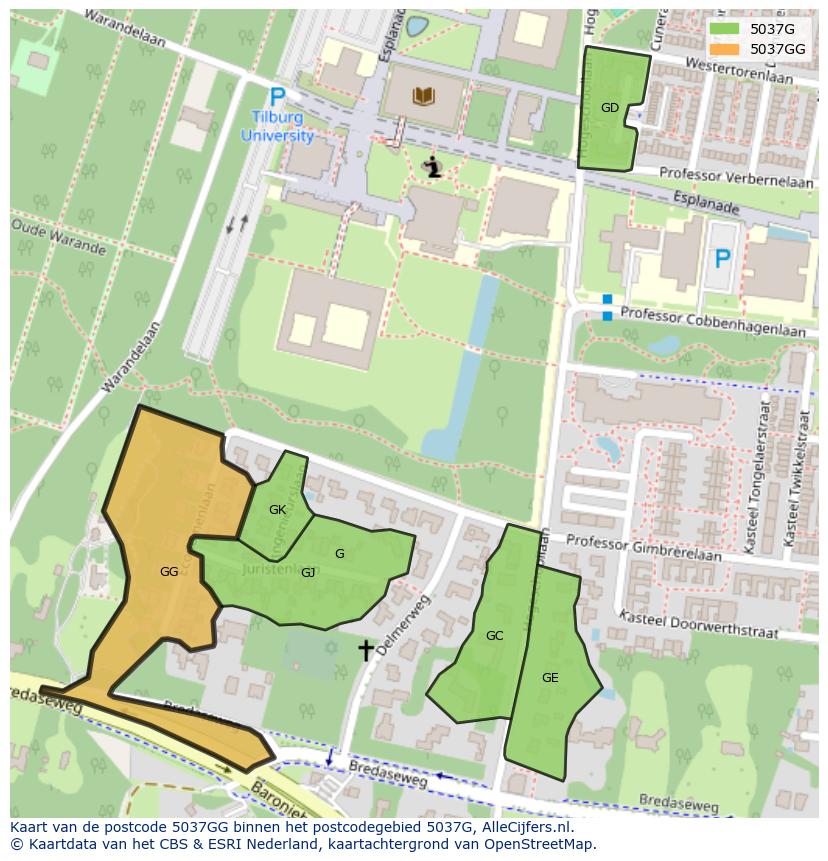 Afbeelding van het postcodegebied 5037 GG op de kaart.