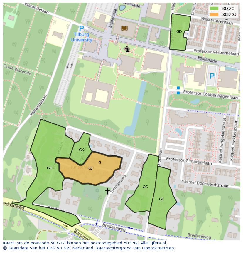 Afbeelding van het postcodegebied 5037 GJ op de kaart.