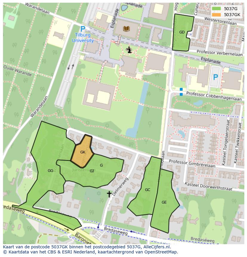 Afbeelding van het postcodegebied 5037 GK op de kaart.