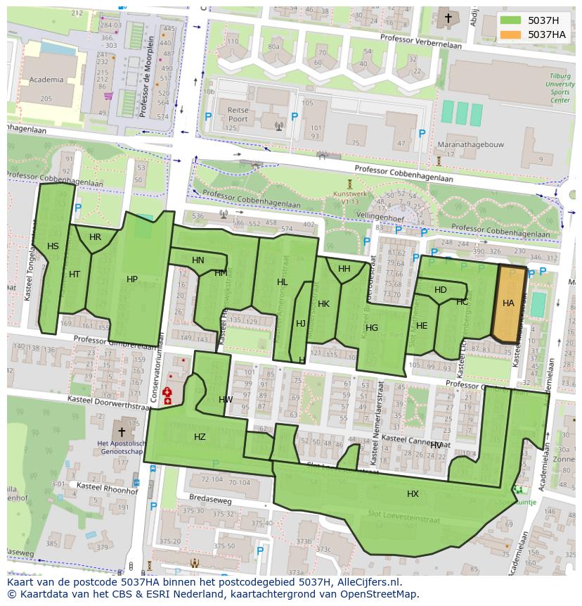 Afbeelding van het postcodegebied 5037 HA op de kaart.