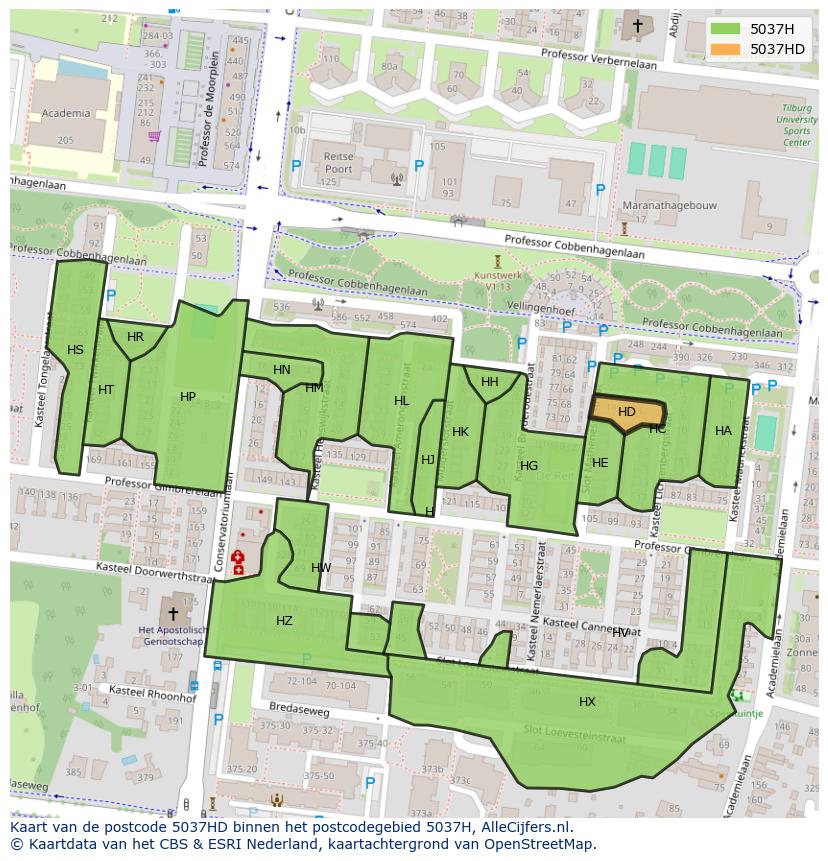 Afbeelding van het postcodegebied 5037 HD op de kaart.