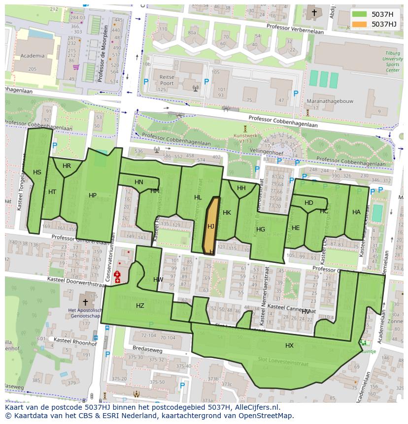 Afbeelding van het postcodegebied 5037 HJ op de kaart.