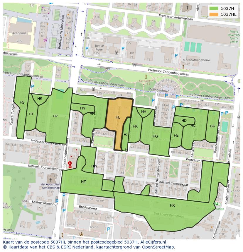Afbeelding van het postcodegebied 5037 HL op de kaart.