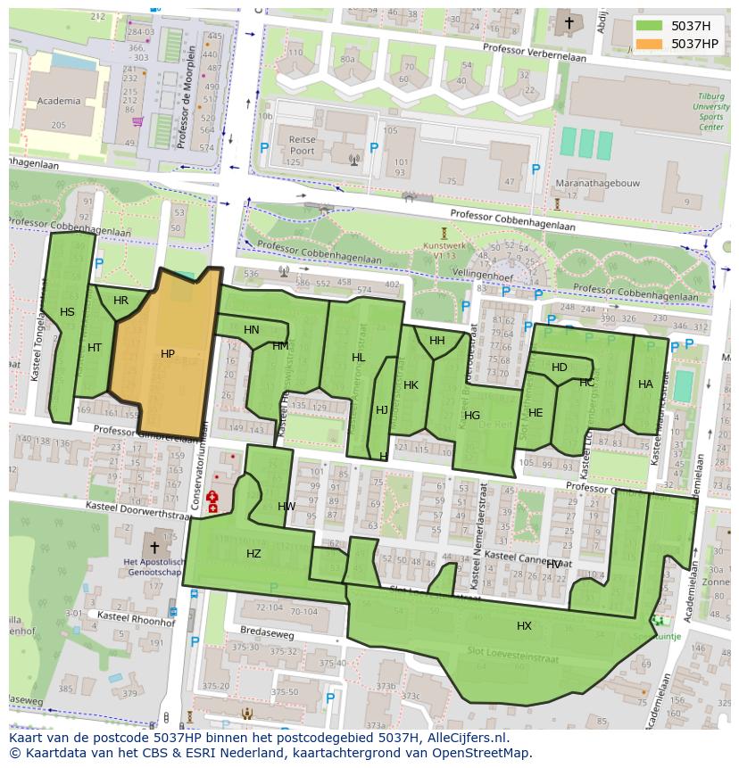 Afbeelding van het postcodegebied 5037 HP op de kaart.