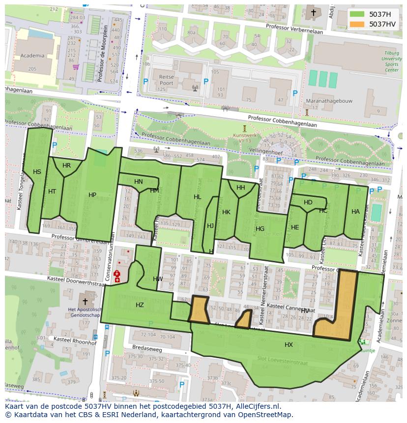 Afbeelding van het postcodegebied 5037 HV op de kaart.