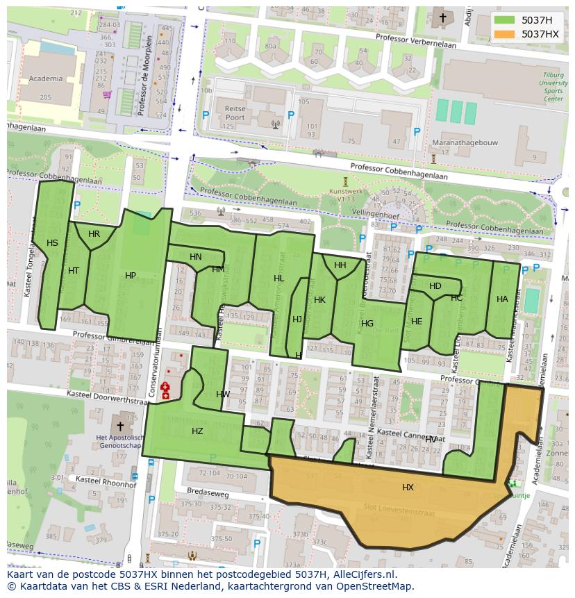 Afbeelding van het postcodegebied 5037 HX op de kaart.