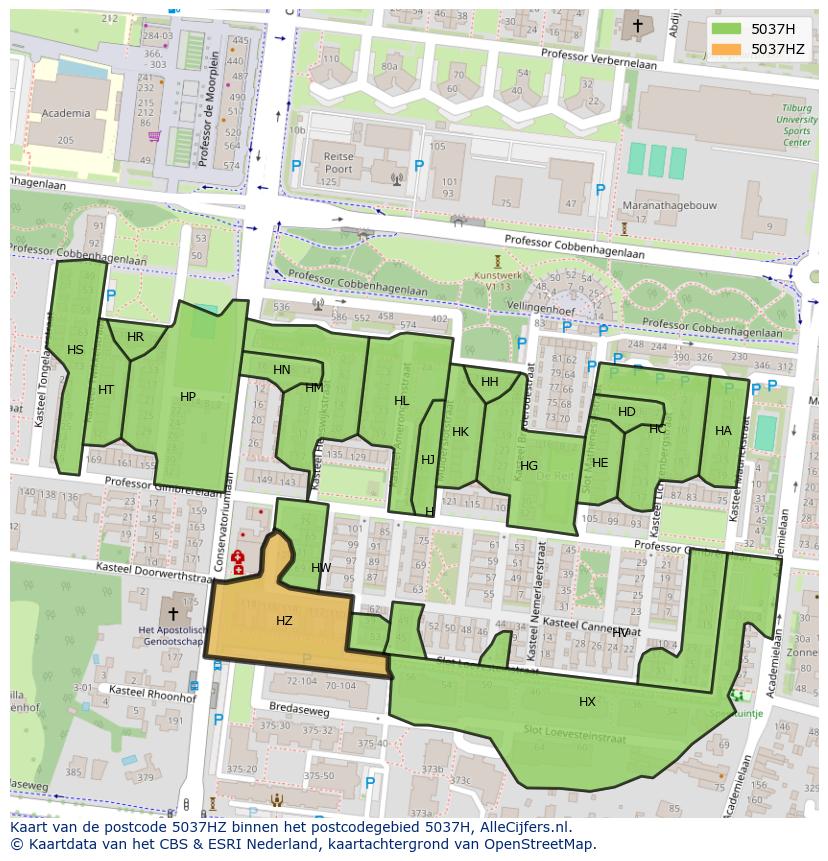 Afbeelding van het postcodegebied 5037 HZ op de kaart.