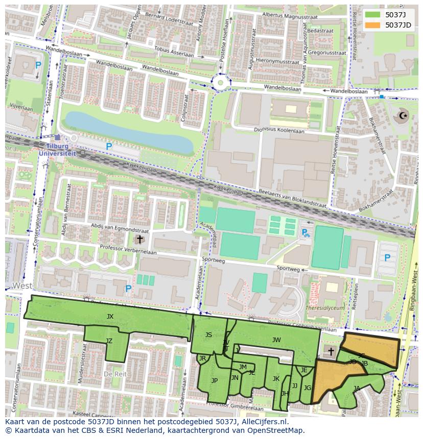 Afbeelding van het postcodegebied 5037 JD op de kaart.