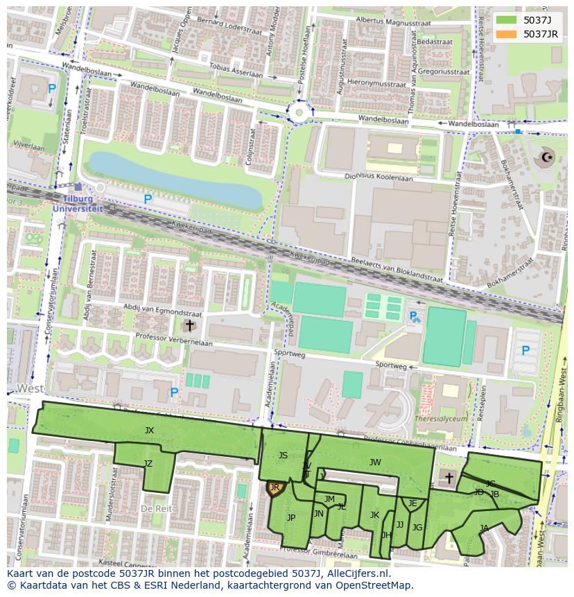 Afbeelding van het postcodegebied 5037 JR op de kaart.