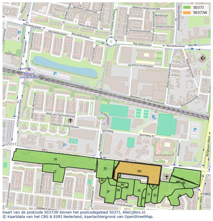 Afbeelding van het postcodegebied 5037 JW op de kaart.