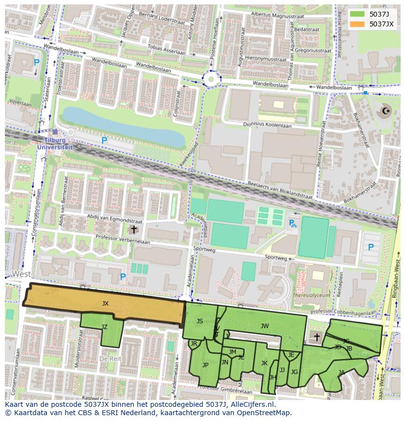 Afbeelding van het postcodegebied 5037 JX op de kaart.