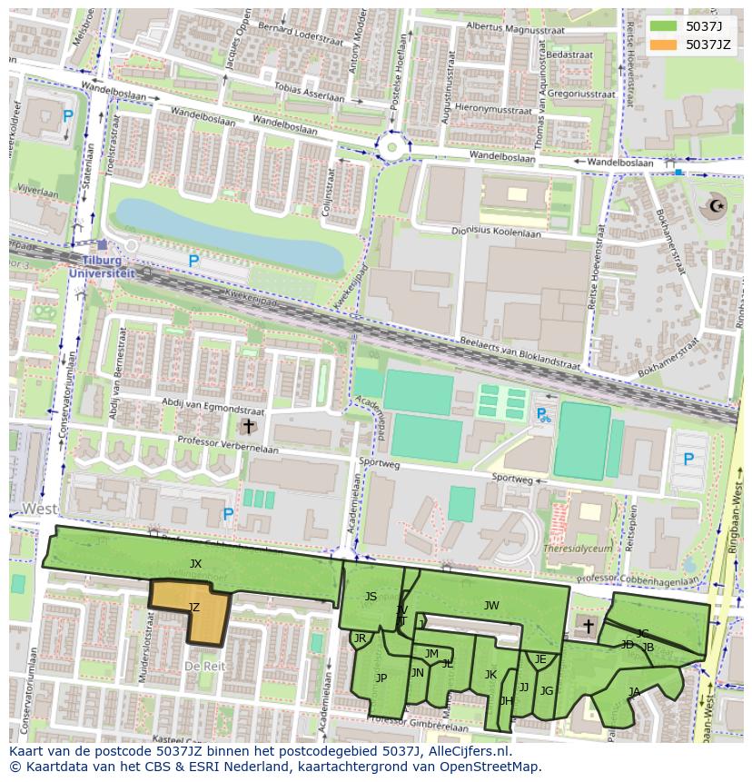 Afbeelding van het postcodegebied 5037 JZ op de kaart.