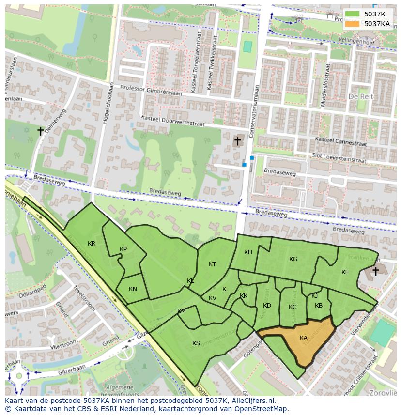 Afbeelding van het postcodegebied 5037 KA op de kaart.