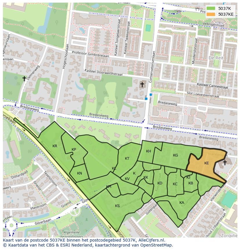 Afbeelding van het postcodegebied 5037 KE op de kaart.