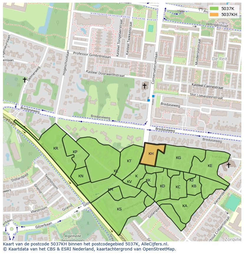 Afbeelding van het postcodegebied 5037 KH op de kaart.