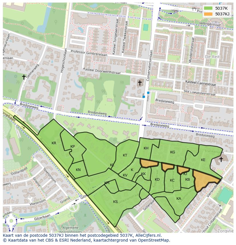 Afbeelding van het postcodegebied 5037 KJ op de kaart.