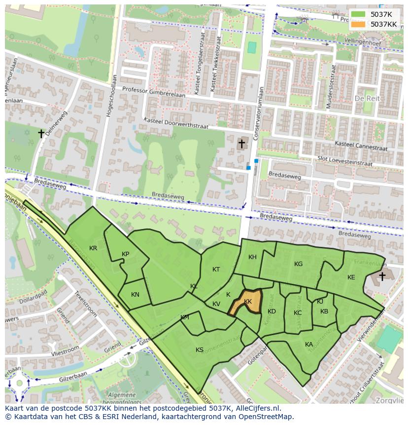 Afbeelding van het postcodegebied 5037 KK op de kaart.