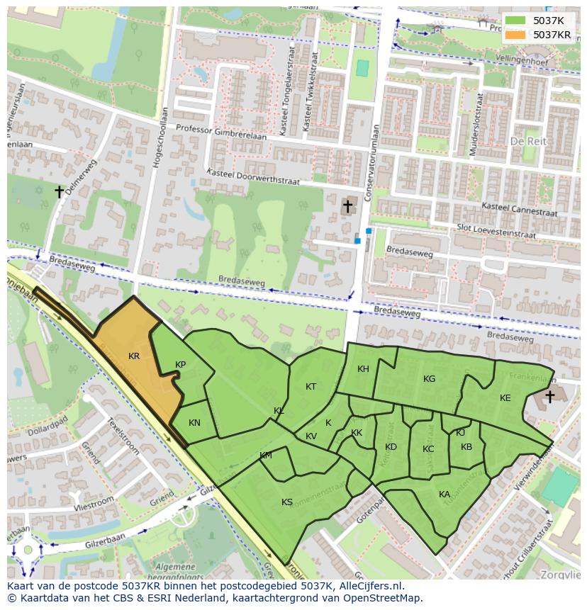 Afbeelding van het postcodegebied 5037 KR op de kaart.