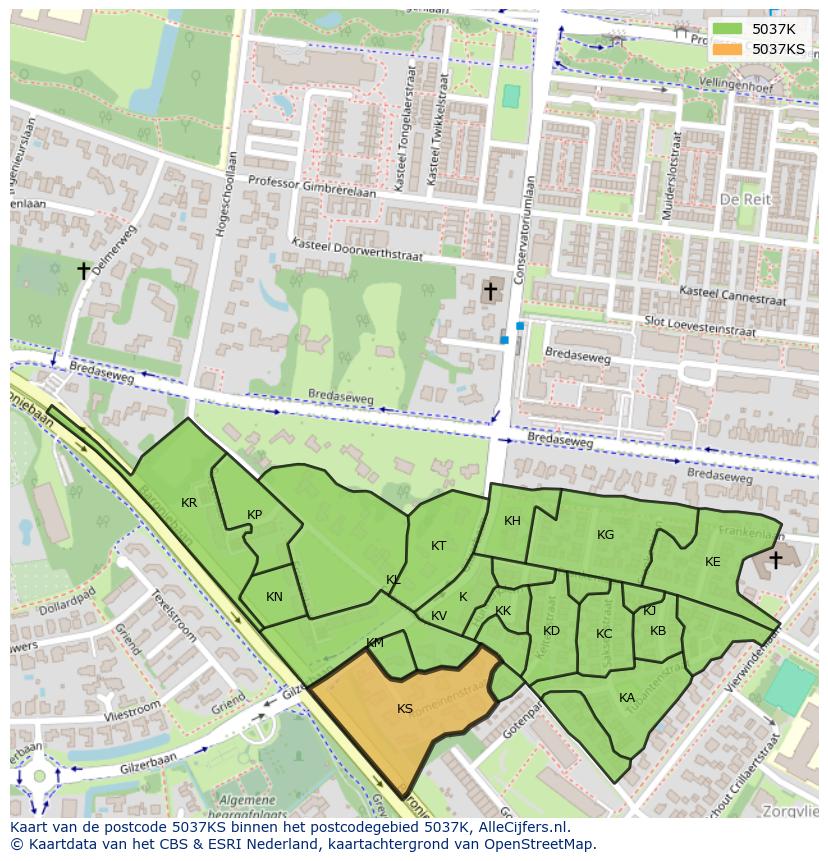 Afbeelding van het postcodegebied 5037 KS op de kaart.