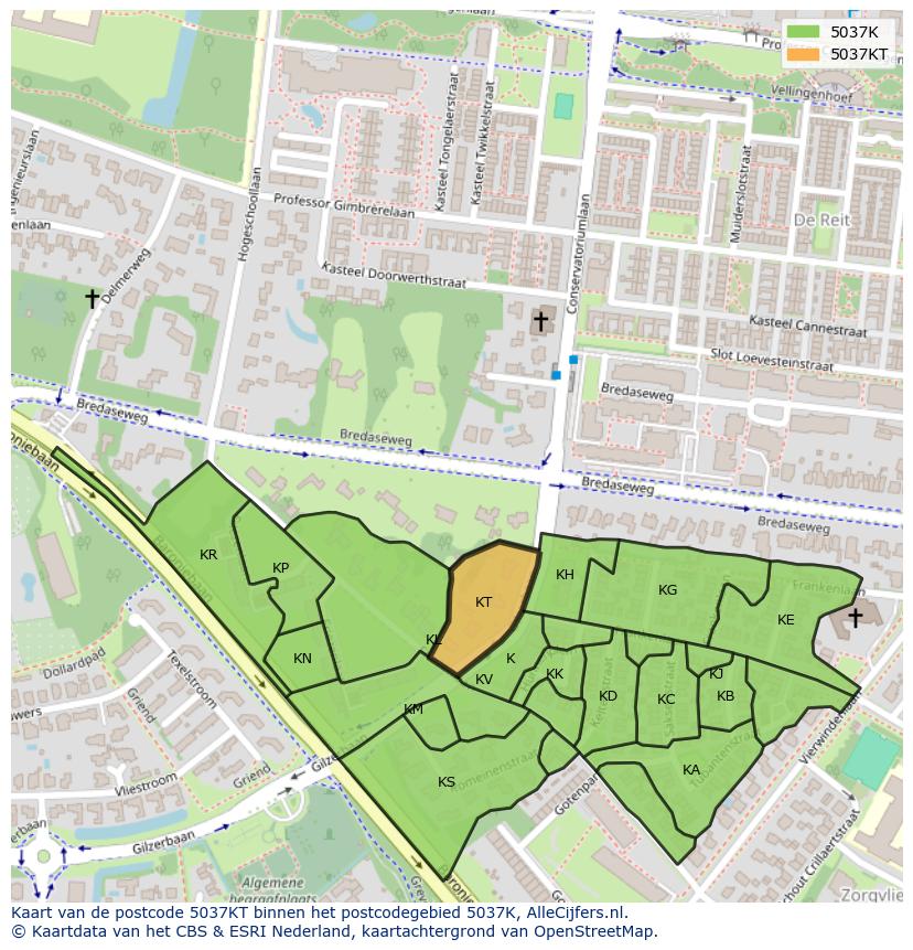 Afbeelding van het postcodegebied 5037 KT op de kaart.