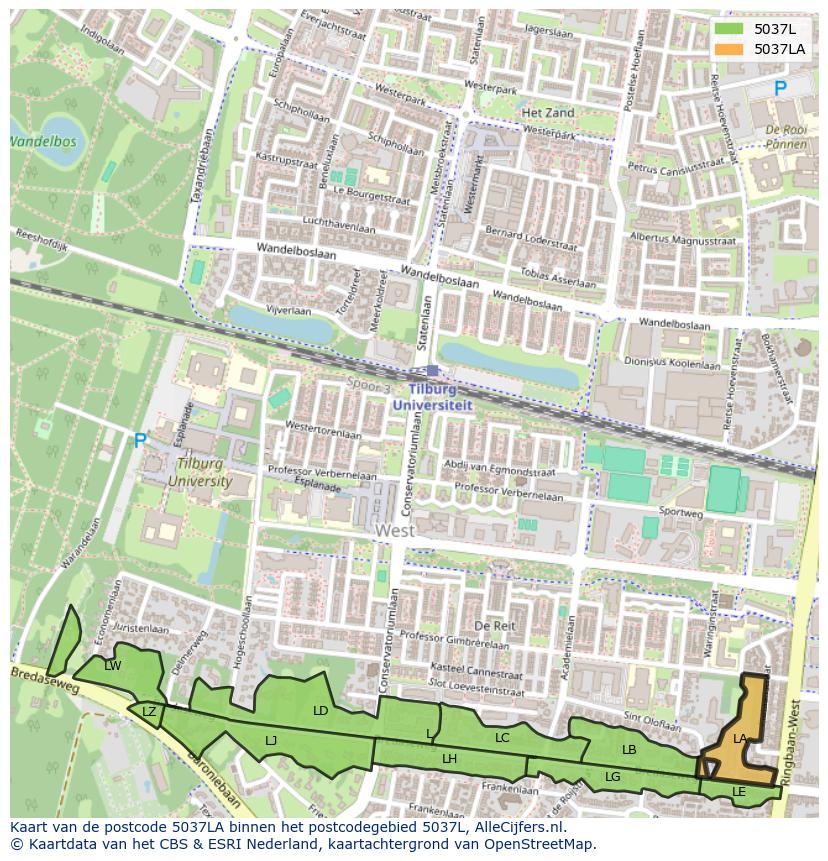 Afbeelding van het postcodegebied 5037 LA op de kaart.