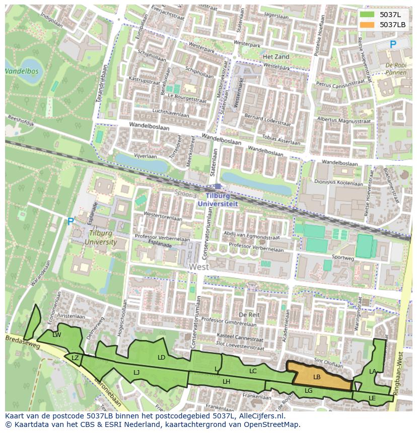 Afbeelding van het postcodegebied 5037 LB op de kaart.