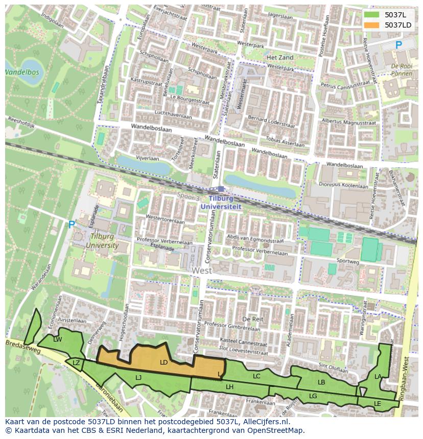 Afbeelding van het postcodegebied 5037 LD op de kaart.
