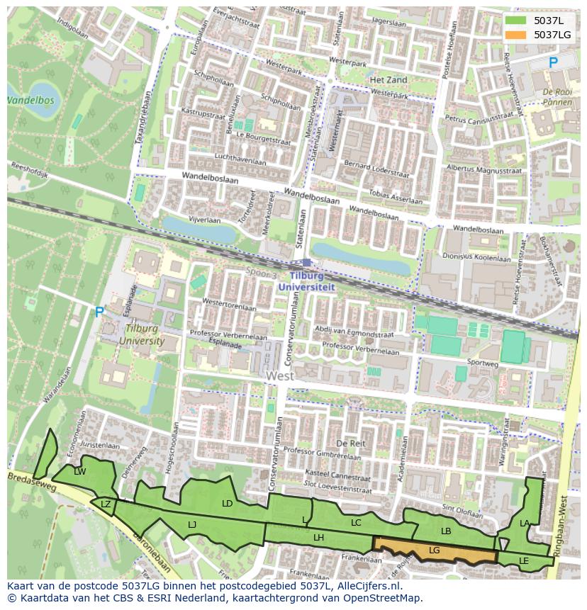 Afbeelding van het postcodegebied 5037 LG op de kaart.
