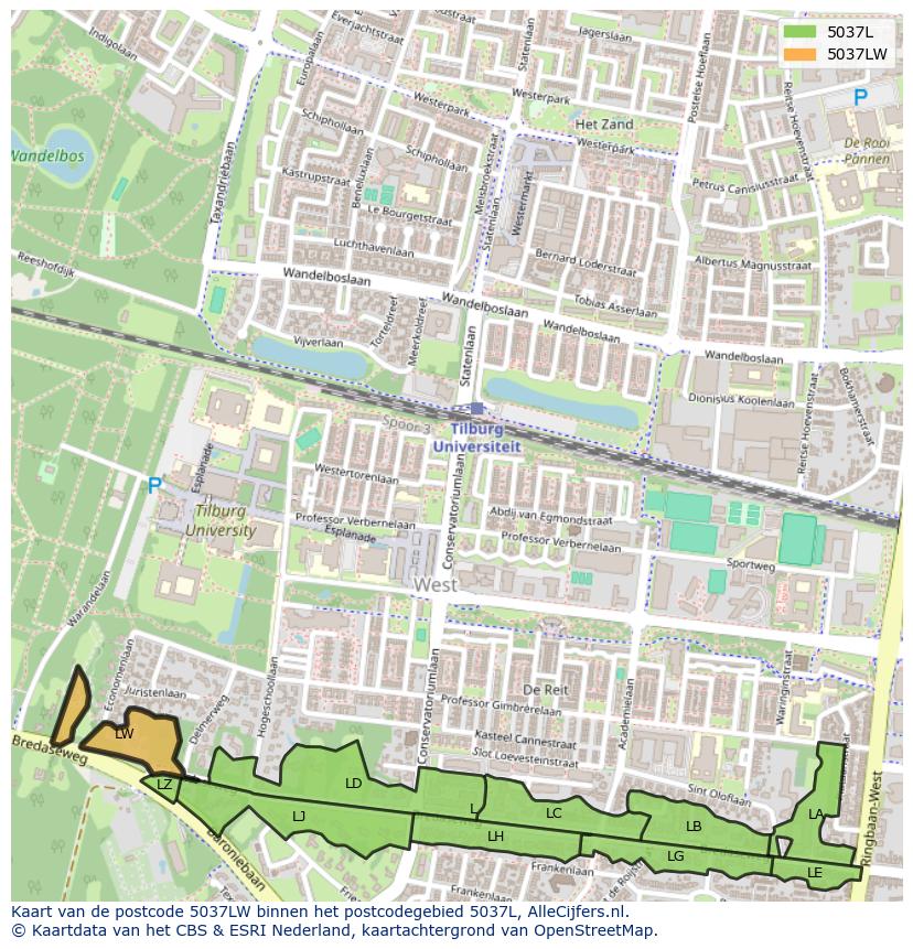Afbeelding van het postcodegebied 5037 LW op de kaart.