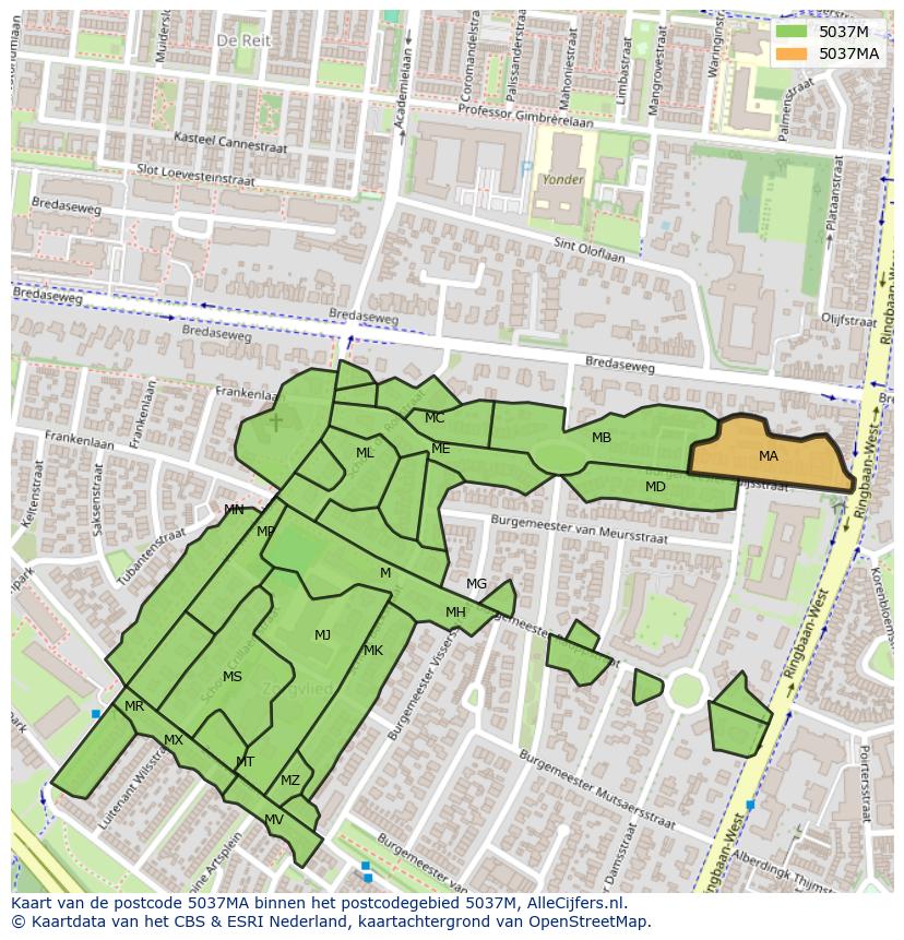 Afbeelding van het postcodegebied 5037 MA op de kaart.